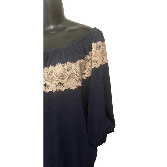 Large Bella D Lace Embellisment Women's Navy Blue Off Shoulder Blouse - Picture 7 of 10